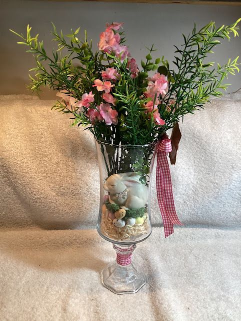 Vintage Bunny Floral Arrangement on a Pedestal - 1