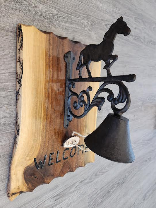 Horse Door Bell on Fractaled Walnut Live Edge - 1