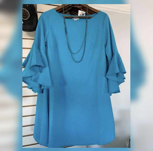 Turquoise Ruffle Sleeve Dress - 1