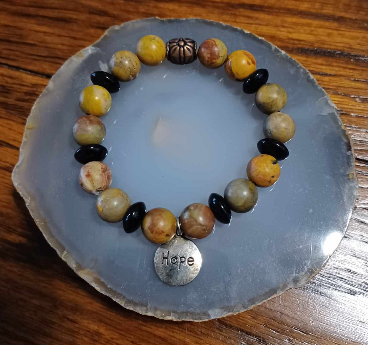 Fancy Jasper Stone stretch bracelet with Hope charm - 11