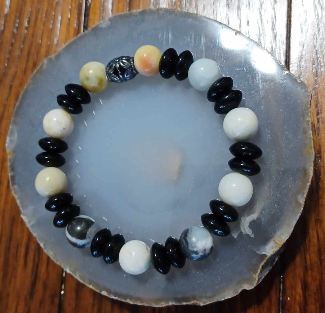 Jasper Stone and Black Glass stretch bracelet - 1