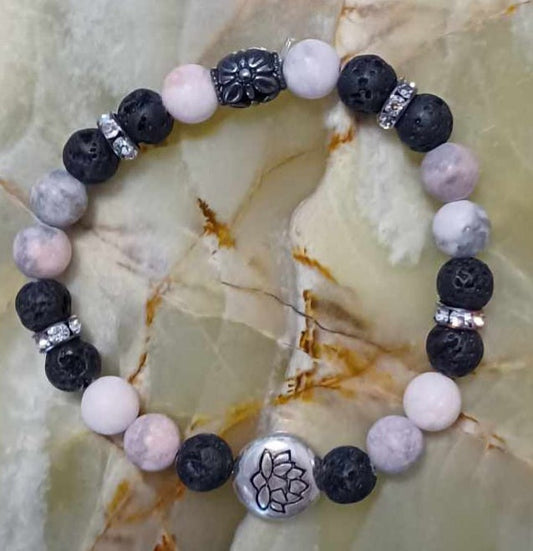 Pink Zebra Jasper Stone & Lava Rock diffuser stretch bracelet with Lotus Flower charm - 1