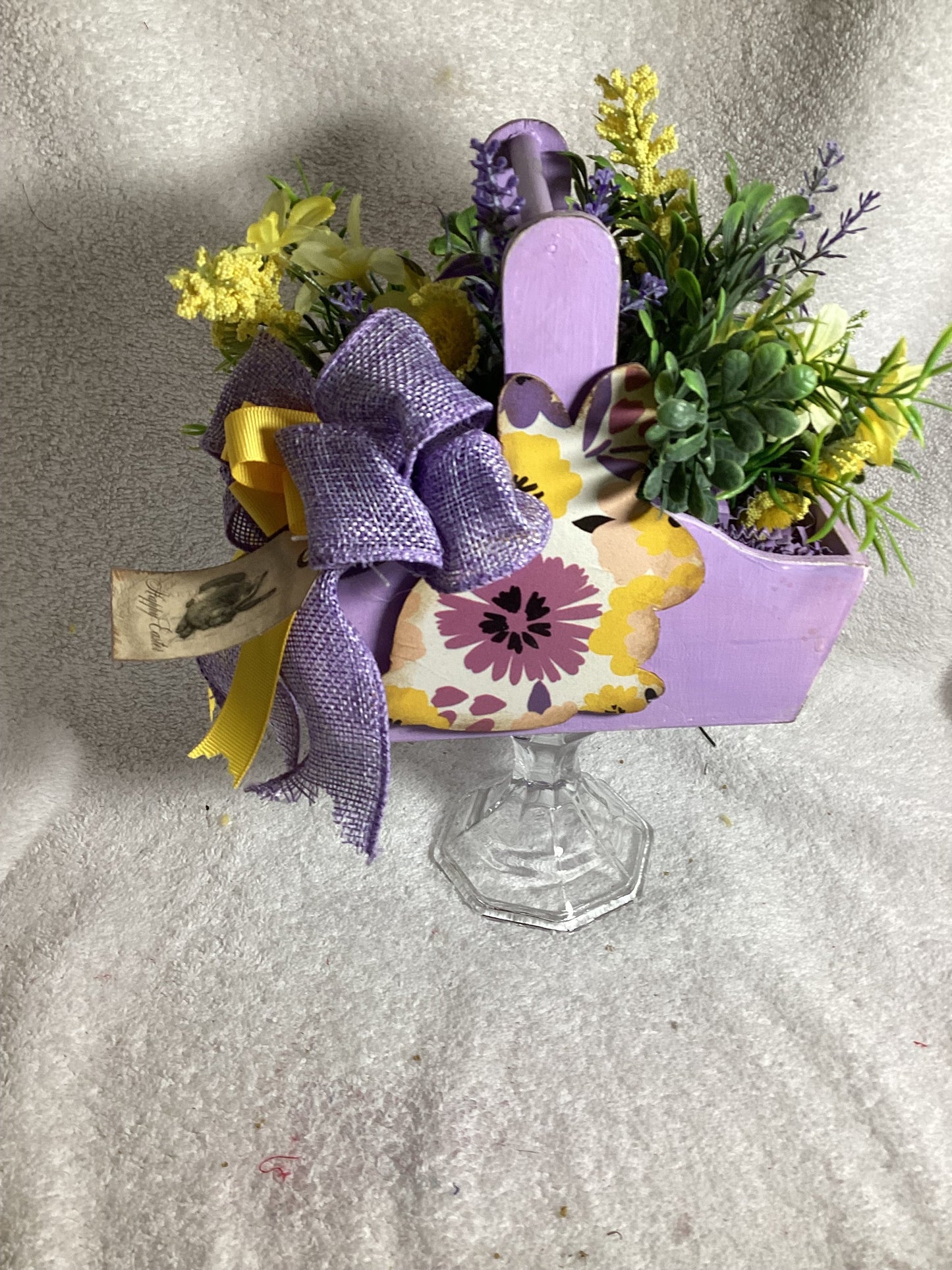 Purple-yellow wood basket w- Spring florals - 1