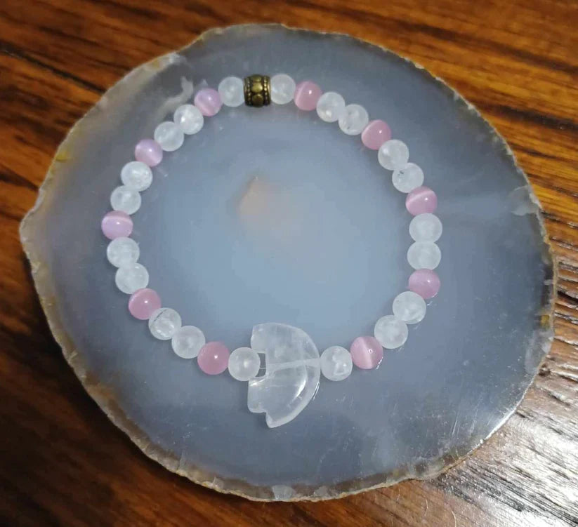 Quartz and Pink Cats Eye Stone with Rose Quartz Bear Bead stretch bracelet - 1