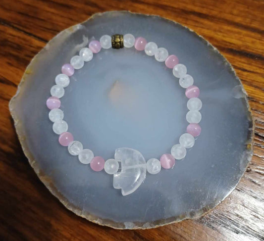 Hematite  & Rose Quartz Bear Stone with pink glass bead stretch bracelet - 1